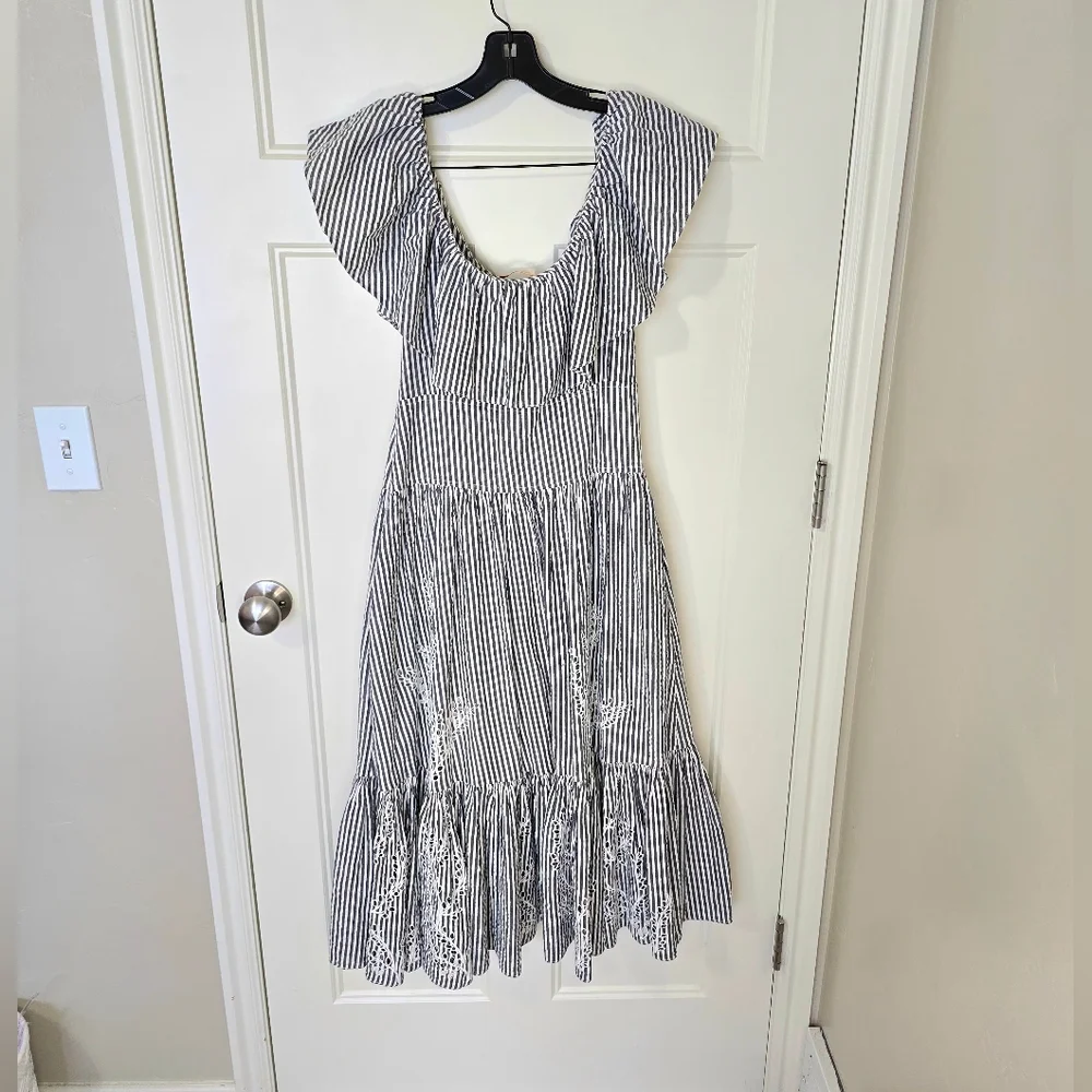 Tory Burch Eyelet Embroidered Dress Blue Stripe‎ Women's 2 Summer